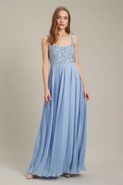 Dorothy Perkins Square Neck Embellished Pleated Maxi ​Bridesmaid Dress, Light Blue