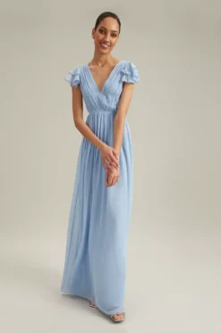 Dorothy Perkins Tall Angel Sleeve Pleated Chiffon Maxi Dress, Light Blue