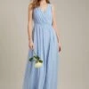 Dorothy Perkins Sleeveless Wrap Chiffon Maxi Bridesmaid Dress, Light Blue