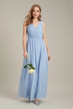 Dorothy Perkins Sleeveless Wrap Chiffon Maxi Bridesmaid Dress, Light Blue