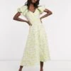 Dream Sister Jane Midi Tea Dress With Faux Pearl Buttons And Puff Sleeves In Floral Jacquard, Multi