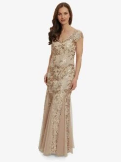 Gina Bacconi Ciara Embroidered Dress With Shawl, Rose Gold