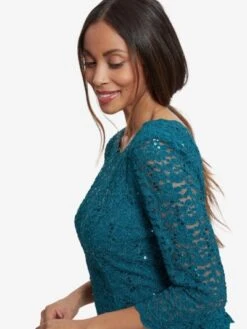 Gina Bacconi Jeanette Lace Dress With Chiffon Skirt, Peacock/Teal Green -EleganceWear Store gina bacconi jeanette lace dress with chiffon skirt peacock teal green2 e1652512776706