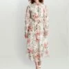 Gina Bacconi Jodette Shirred Neck Print Dress, Cream/Coral/Multi