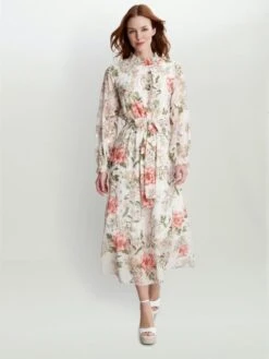 Gina Bacconi Jodette Shirred Neck Print Dress, Cream/Coral/Multi