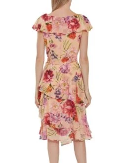 Gina Bacconi Joy Chiffon Floral Frill Dress, Multi/Pink -EleganceWear Store gina bacconi joy chiffon floral frill dress multi pink2 e1649603704401