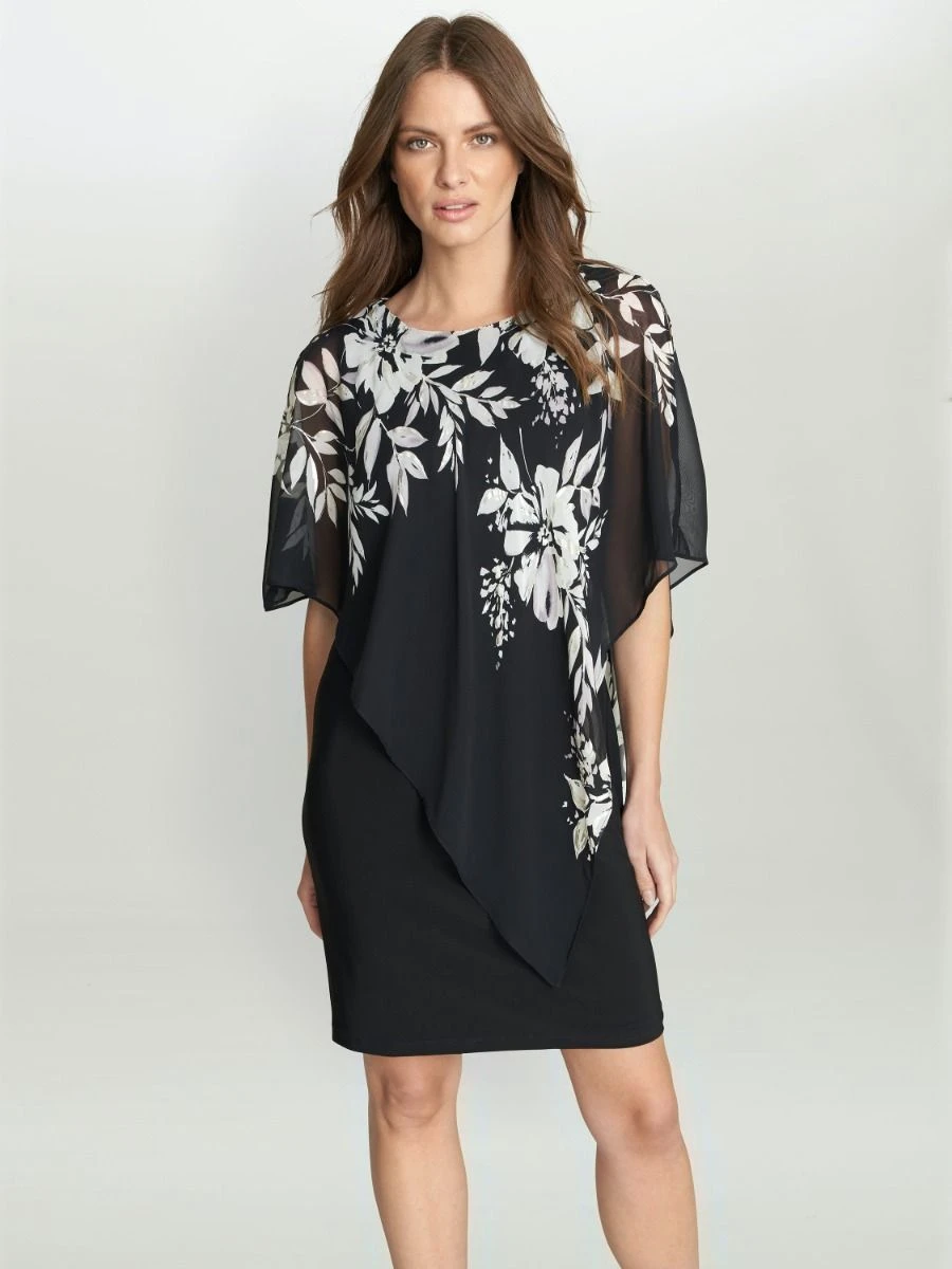 Gina Bacconi Kiya Asymmetric Dress With Printed Foil Detail, Black/White 1 Gina Bacconi Kiya Asymmetric Dress With Printed Foil Detail, Black/White