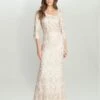 Gina Bacconi Lilenne Asymmetrical Neck 3/4 Sleeve Sequin Lace Dress, Ivory