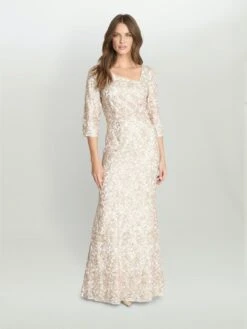 Gina Bacconi Lilenne Asymmetrical Neck 3/4 Sleeve Sequin Lace Dress, Ivory