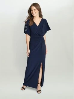 Gina Bacconi Pascale Long Knot Front Jersey Dress, Navy Blue