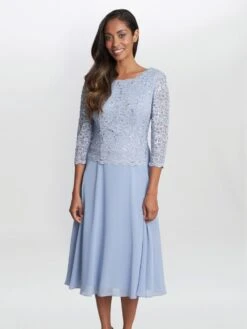 Gina Bacconi Rona Midi-Length Dress With Lace Bodice & Chiffon Skirt, Blue