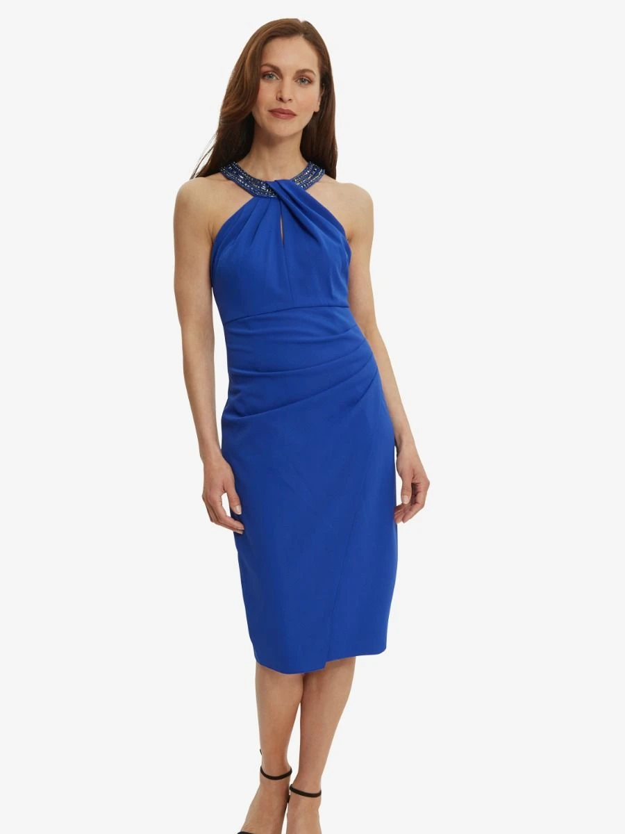 Gina Bacconi Suzanna Crepe Dress With Embellished Neckline, Royal Blue 1 Gina Bacconi Suzanna Crepe Dress With Embellished Neckline, Royal Blue