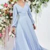 Goddiva Balloon Sleeve Maxi Bridesmaid Pleated Dress, Dusky Light Blue