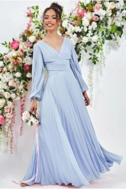 Goddiva Balloon Sleeve Maxi Bridesmaid Pleated Dress, Dusky Light Blue