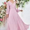 Goddiva Balloon Sleeve Maxi Bridesmaid Pleated Dress, Light Pink