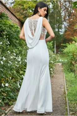 Goddiva Cowl Back Chiffon Maxi Wedding Dress, White -EleganceWear Store goddiva cowl back chiffon maxi bridesmaid dress white e1656451412943