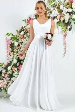 Goddiva Cowl Neck Chiffon Maxi Wedding Dress, White