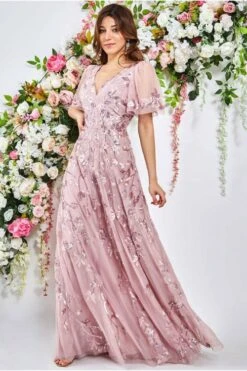 Goddiva Flared Sleeve Embroidered Maxi Bridesmaid Dress, Blush/Pink