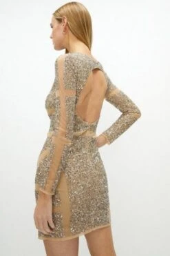 Coast Premium Embellished Sequin Dress, Nude/Silver -EleganceWear Store gold premium embellished sequin dress2 e1637933938165