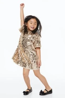 H&M Girls Sequined Wrap Dress, Gold -EleganceWear Store hm girls sequined wrap dress gold1