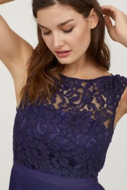 H&M H&M Lace Pleated Maxi Bridesmaid Dress, Dark Blue -EleganceWear Store hm lace pleated maxi bridesmaid dress dark blue1