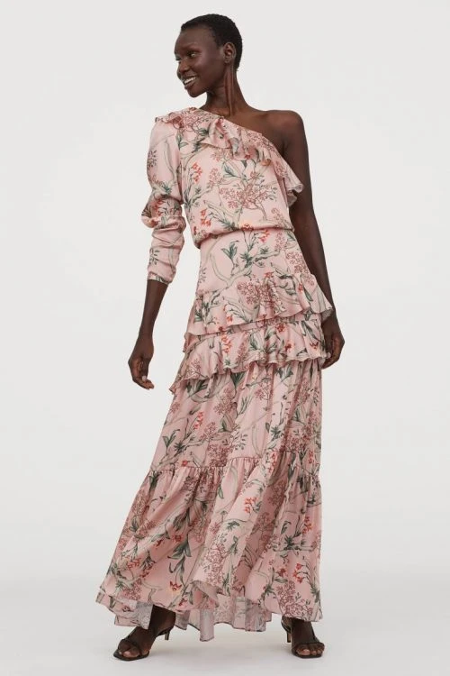 H&M H&M One-shoulder Floral Satin Tiered Maxi Dress, Pink/Multi -EleganceWear Store hm one shoulder floral satin tiered maxi dress pink multi e1586604718421