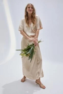 H&M H&M Satin V Neck Bridesmaid Maxi Dress, Light Beige