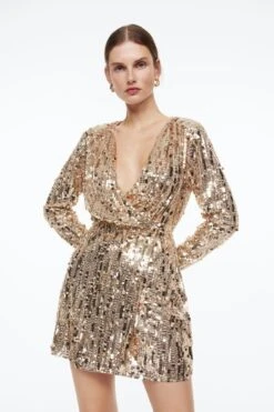 HM H&M Sequined Wrap Dress, Gold