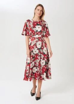 Hobbs Bella Floral Print Satin Midi Dress, Red/Ivory/Multi