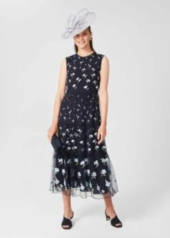 Hobbs Bethany Embroidered Floral Dress, Navy Blue/White