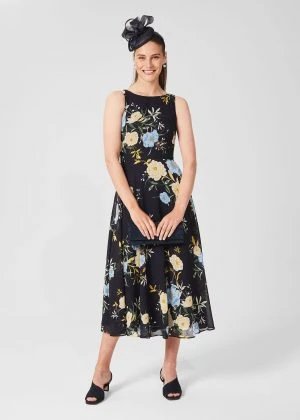 Hobbs Carly Floral Midi Dress, Navy Blue/Yellow 1 Hobbs Carly Floral Midi Dress, Navy Blue/Yellow
