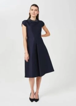 Hobbs Christie Silk Wool Embellished Dress, Navy Blue