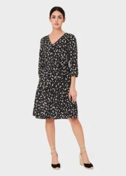 Hobbs Elena Silk Blend Floral V Neck Dress, Navy/Ivory