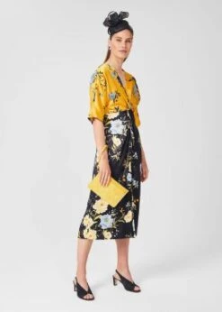 Hobbs Farrah Satin Floral Midi Dress, Navy/Yellow/Multi