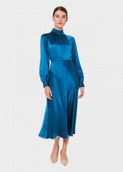 Hobbs Haisley Midi Sleeve Silk Dress, Kingfisher Blue