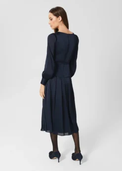 Hobbs Isabella Satin Pleated Dress, Navy Blue -EleganceWear Store hobbs isabella satin pleated dress navy blue1