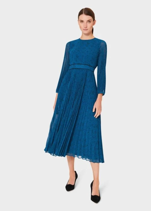 Hobbs Isabella Spot Pleated Midi Dress, Blue 1 Hobbs Isabella Spot Pleated Midi Dress, Blue