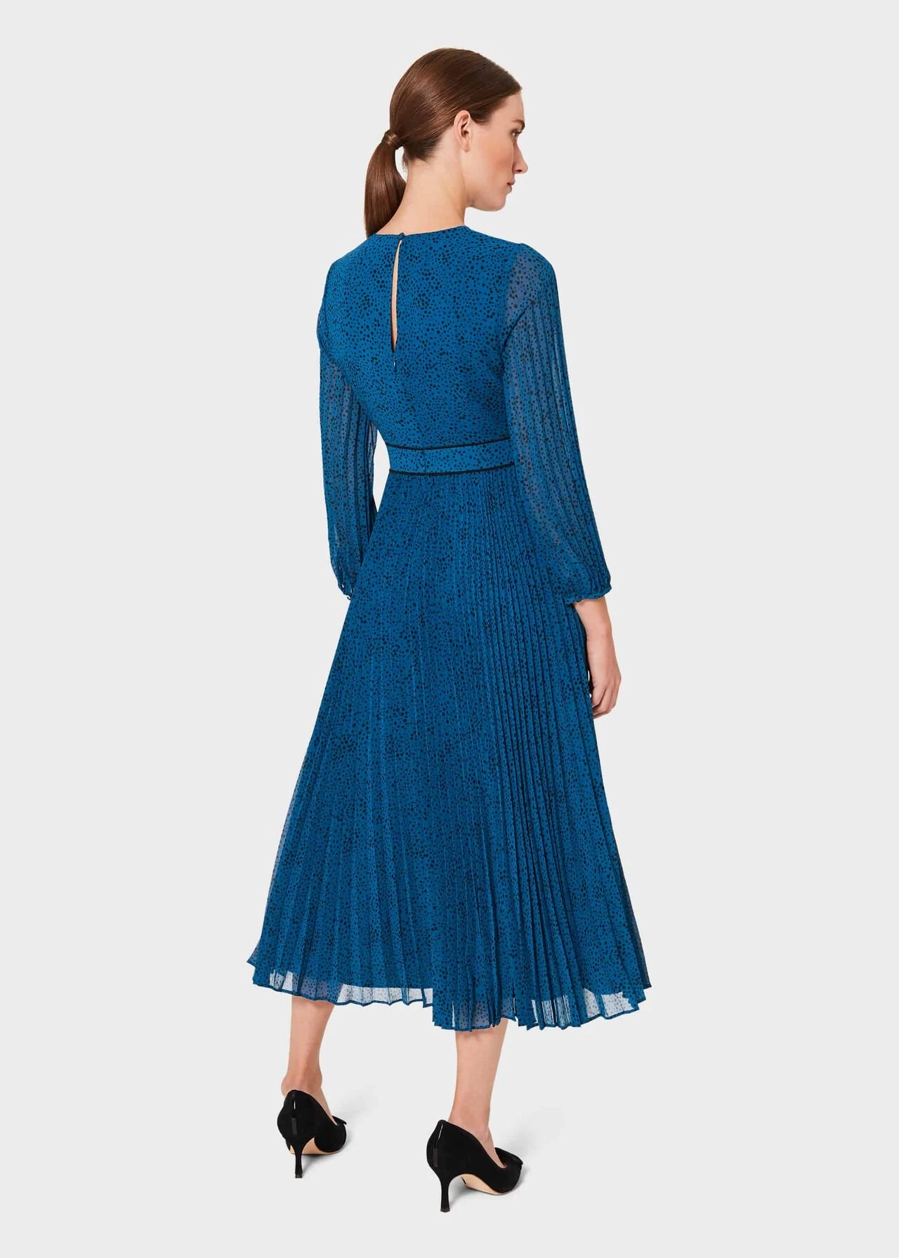 Hobbs Isabella Spot Pleated Midi Dress, Blue 2 Hobbs Isabella Spot Pleated Midi Dress, Blue - Image 2