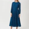 Hobbs Isabella Spot Pleated Midi Dress, Kingfisher Blue