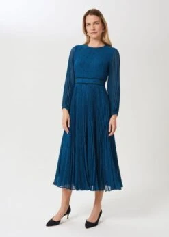 Hobbs Isabella Spot Pleated Midi Dress, Kingfisher Blue
