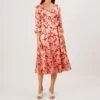 Hobbs Justina Floral Sleeve Midi Dress, Red/Pink