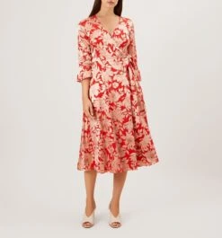 Hobbs Justina Floral Sleeve Midi Dress, Red/Pink
