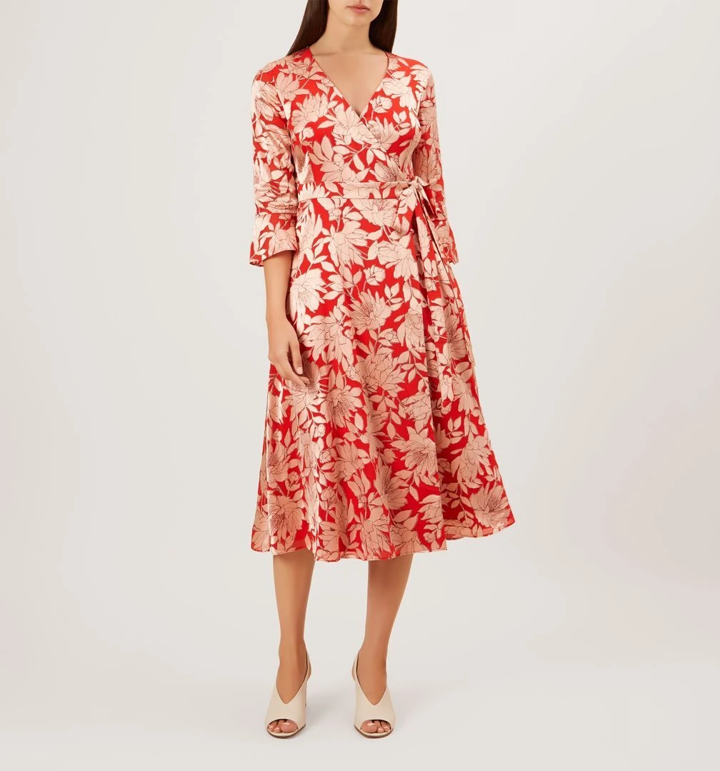 Hobbs Justina Floral Sleeve Midi Dress, Red/Pink 1 Hobbs Justina Floral Sleeve Midi Dress, Red/Pink