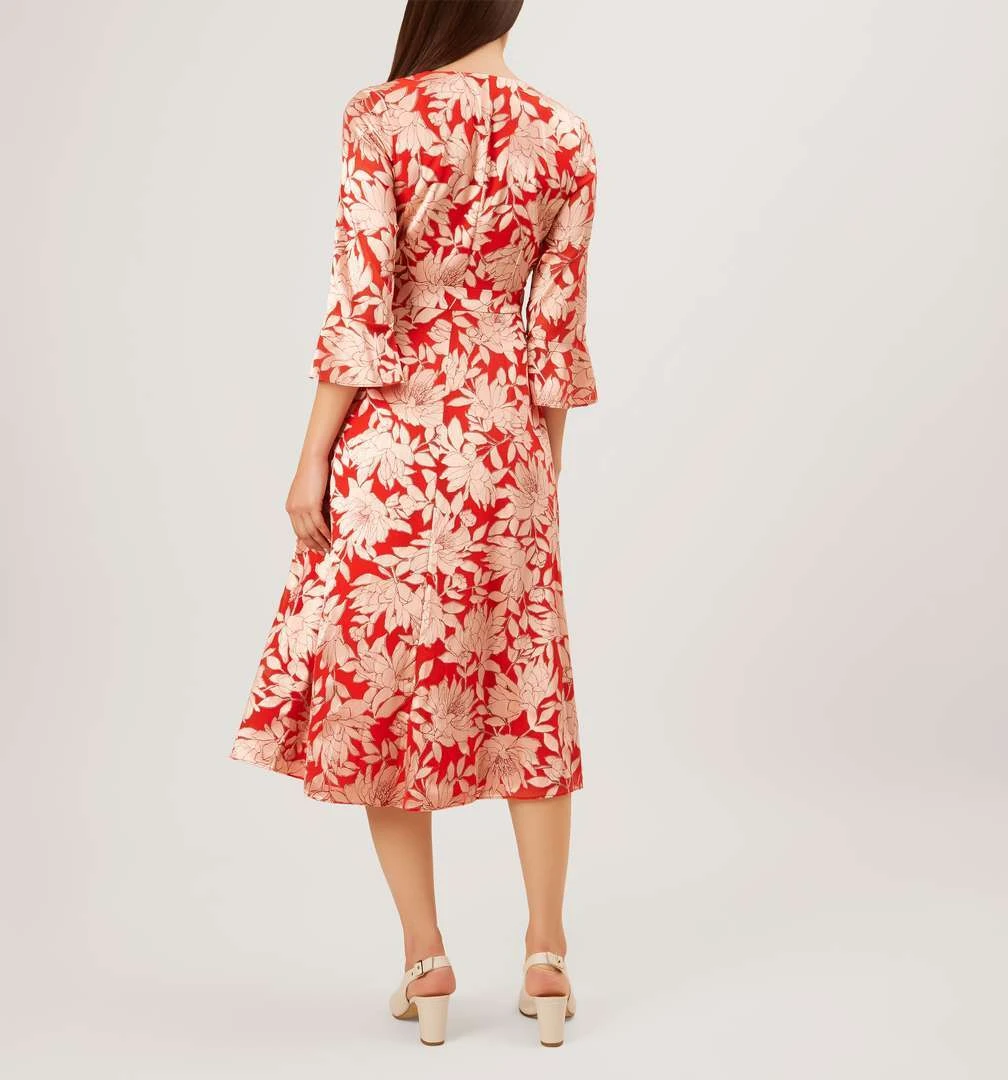 Hobbs Justina Floral Sleeve Midi Dress, Red/Pink 2 Hobbs Justina Floral Sleeve Midi Dress, Red/Pink - Image 2