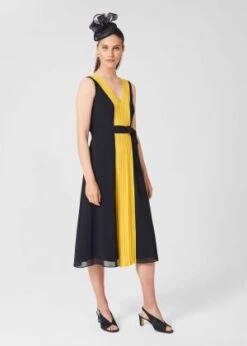 Hobbs Lila V Neck Midi Dress, Black/Yellow