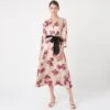 Hobbs Nina Floral Sleeve Midi Wrap Dress, Cream/Cerise Pink