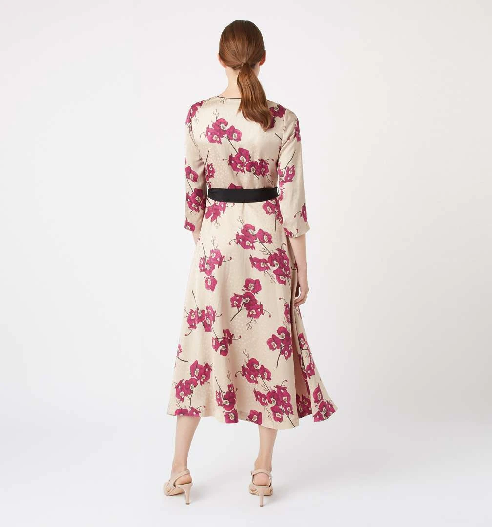 Hobbs Nina Floral Sleeve Midi Wrap Dress, Cream/Cerise Pink 2 Hobbs Nina Floral Sleeve Midi Wrap Dress, Cream/Cerise Pink - Image 2