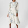 Hobbs Renee Silk Floral Dress, Cream/Blue/Multi