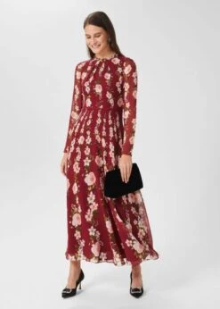 Hobbs Rosabelle Silk Floral Dress, Red/Ivory/Multi