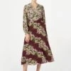 Hobbs Silk Botanic Floral Sleeve Midi Dress, Mulberry/Multi